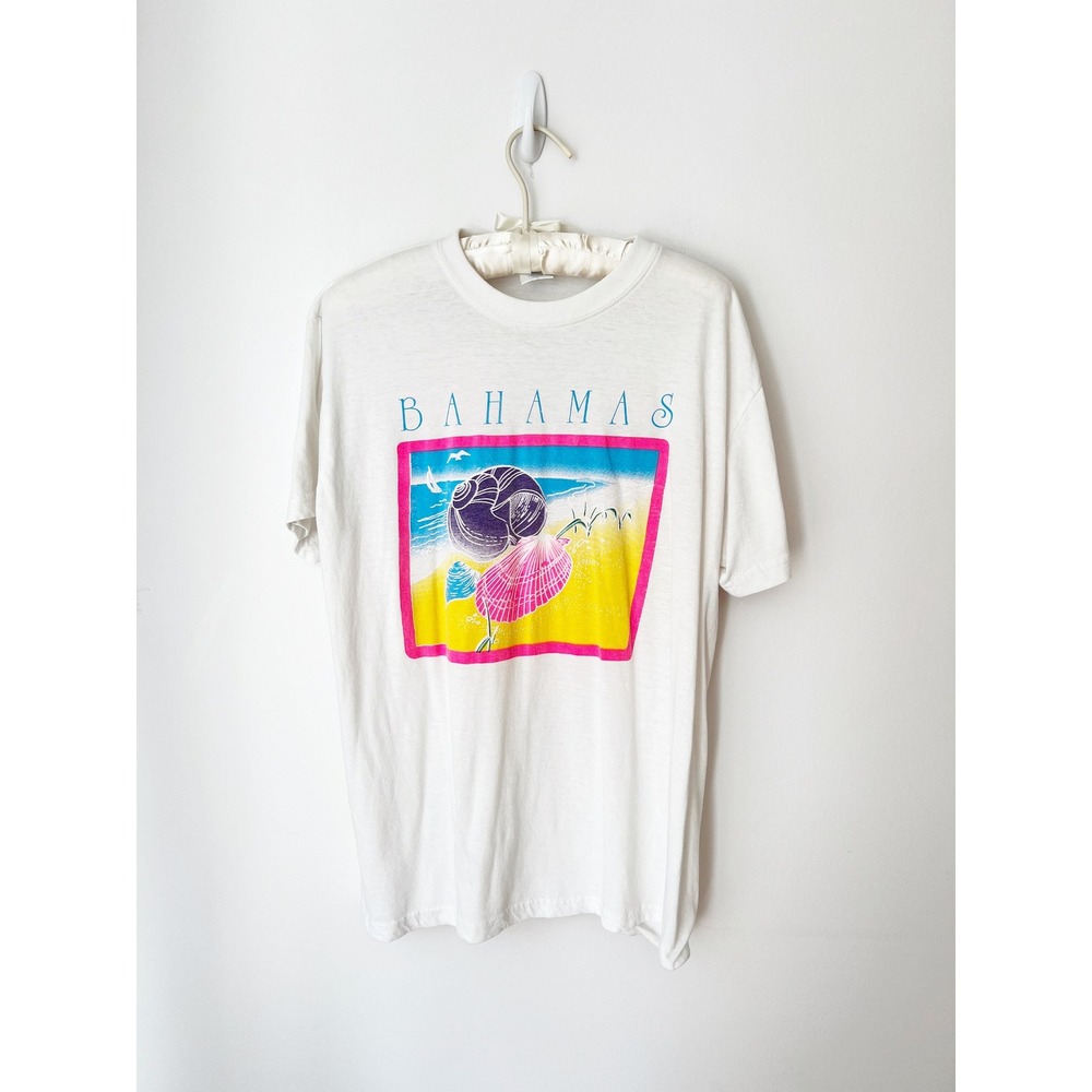 Vintage Bahamas Graphic T-Shirt White Seashell Beach Souvenir Tee Large - Picture 2 of 7